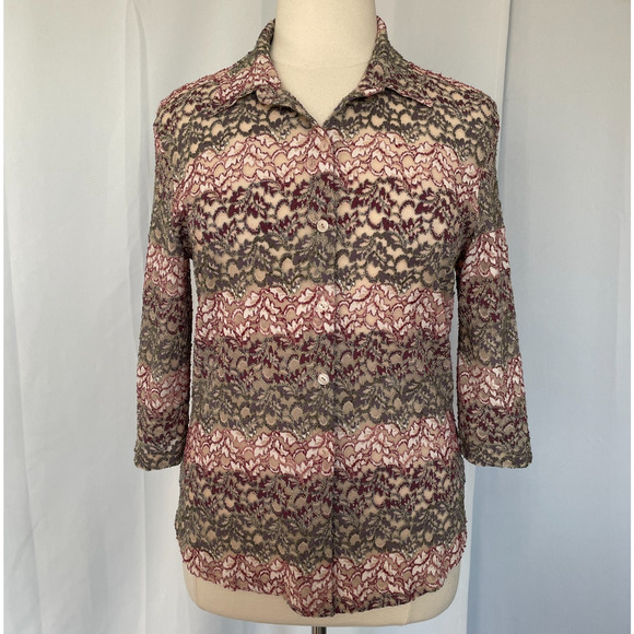 Y2K Top Womens Size XL Pink Striped Sheer Lace Stretch Fairy Whimsigoth Coquette - Picture 1 of 11